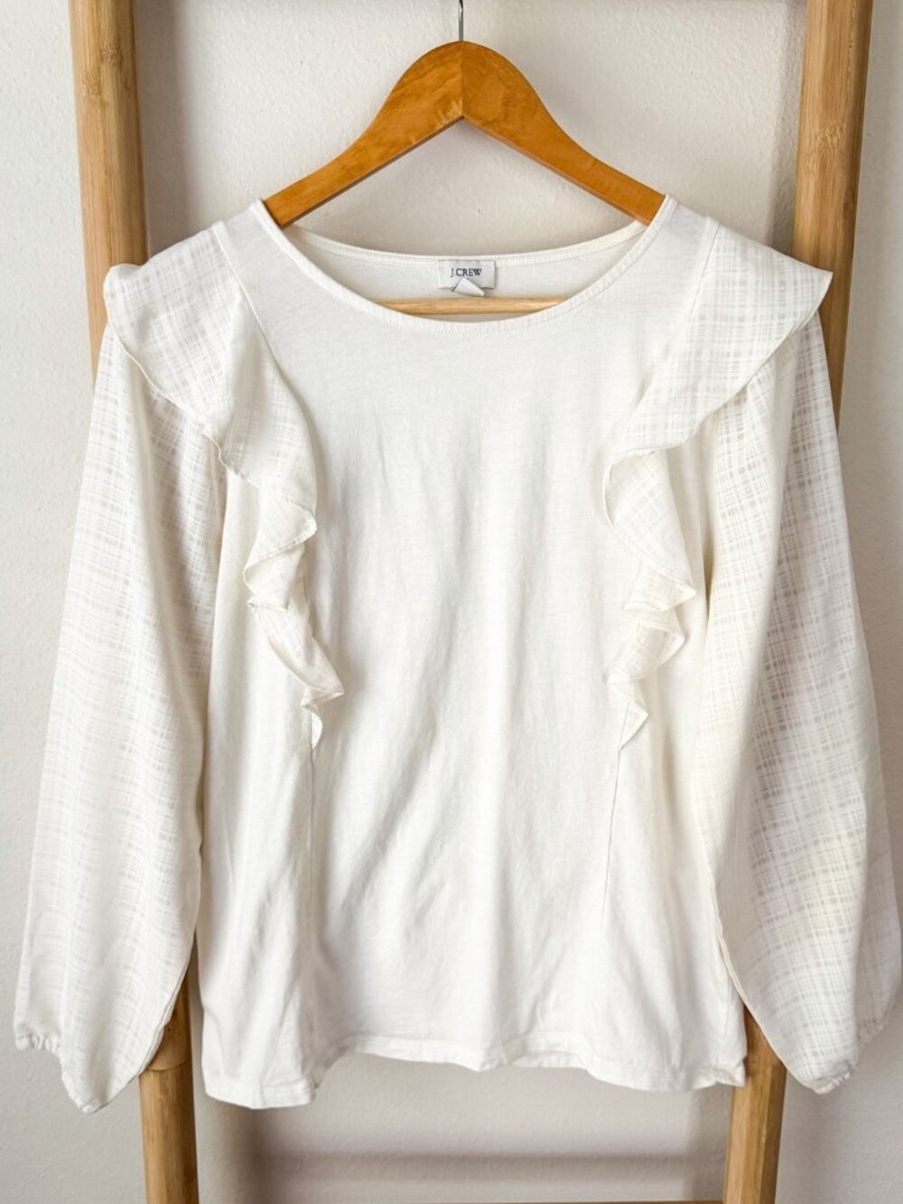 J.Crew Off White Cream Ruffle Long Sleeve Top Medium Textured Plaid Blouse